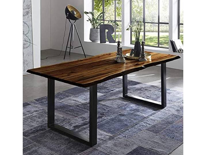 SAM Esstisch Quintus 220x100 cm Akazie nuss Baumkante Metallbeine schwarz Baumkantentisch massiv, echte Baumkante, Esszimmertisch aus Akazienholz nussbaumfarben, 26mm Tischplatte