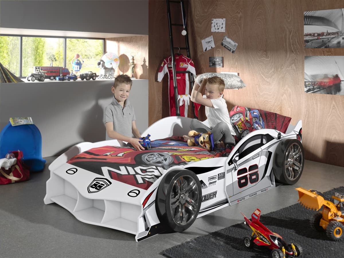 Autobett VIPACK "Max 90/200 cm, im Rennwagen-Design, die Show im Kinderzimmer", weiss (weiß, weiß, weiß), B:114cm H:58cm L:229cm, Betten, Autobett, tolle Felgen-Optik, glänzend lackiert in 2 Farben erhältlich weiß, weiß, weiß Liegefläche Länge B: 200cm x 