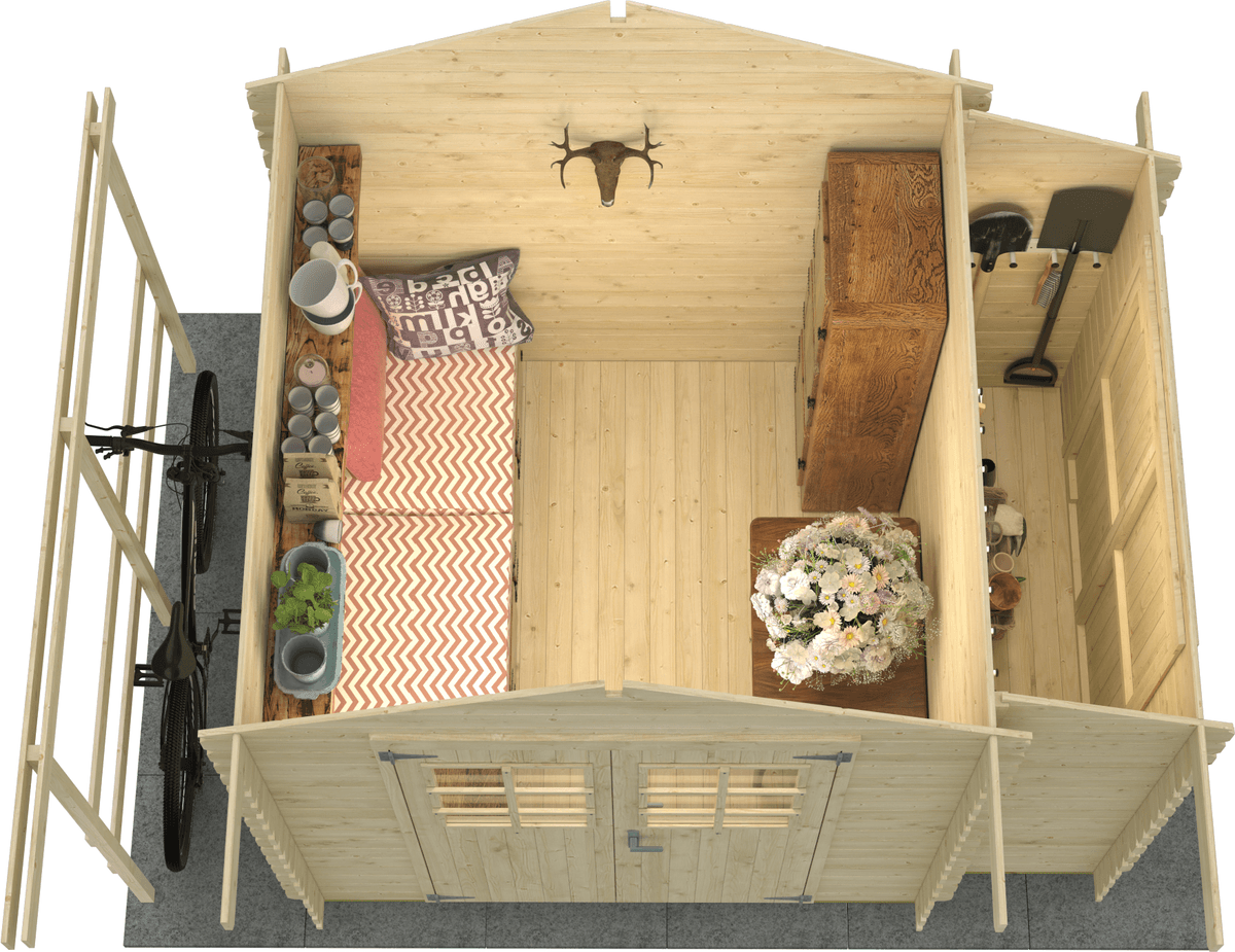 Gartenhaus NORDIC HOLZ "Vilano 1", beige (naturbelassen), Fußboden im Gartenhaus, ohne Dacheindeckung, Massivholz, Gartenhäuser, Gartenhaus, mit 3 getrennten Bereiche