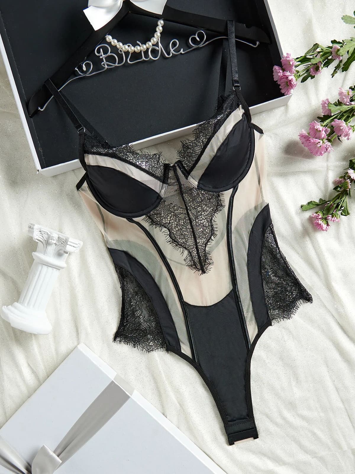 JIAOYIFEN French Ultra Thin Women Bodysuit Set Sexy Lace Embroidery Underwear Breathable Mesh Bodycon Onesies Temptation Hollow Jumpsuit
