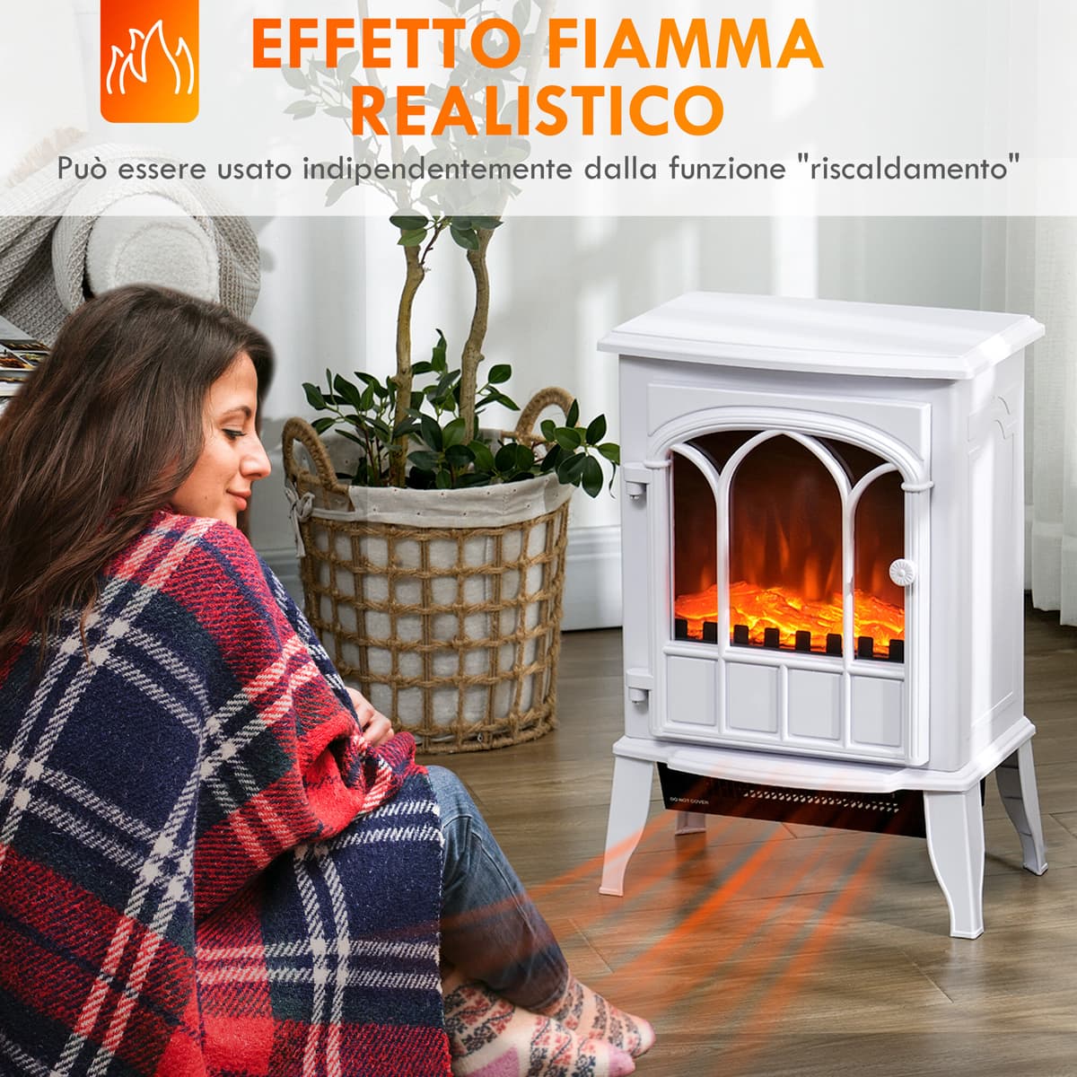 Altro Camino Da Terra Elettrico Potenza 1000w / 2000w Con Effetto Fiamma Regolabile, 39x23x56.5cm, Bianco