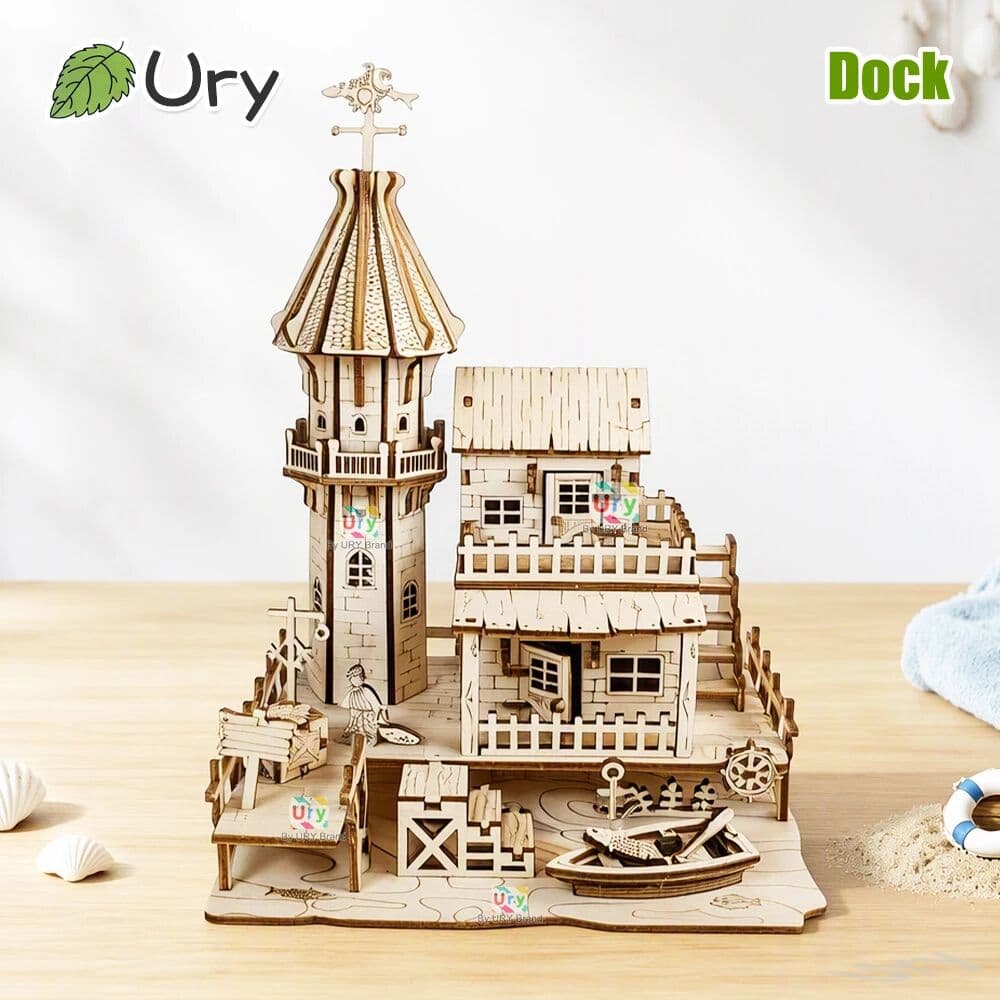 URY 3D Wooden Puzzle Wharf Lighthouse Fishing Village DIY Assembly Model with Fishing Boat Seaside Building Toy for Gift
