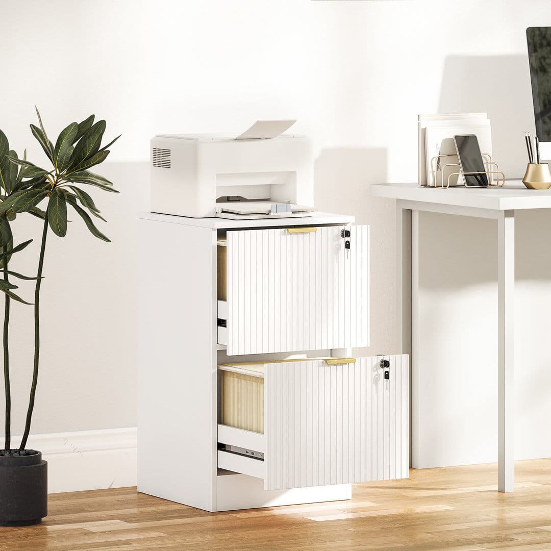 17 Stories Cabinet, File Cabinet with 2 Lockable Drawers and Hanging Rails White 71cm H x 40cm W x 40cm D