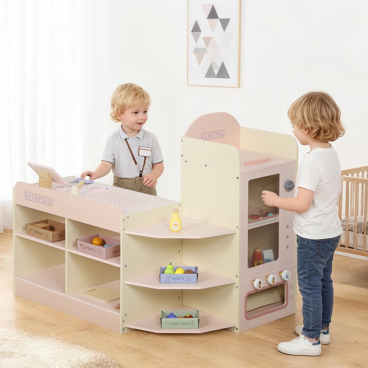 Aiyaplay Supermercato Giocattolo Legno con Cassa Distributore Automatico 3 Scaffali Aperti 4 Scomparti Rosa   Aosom Italy