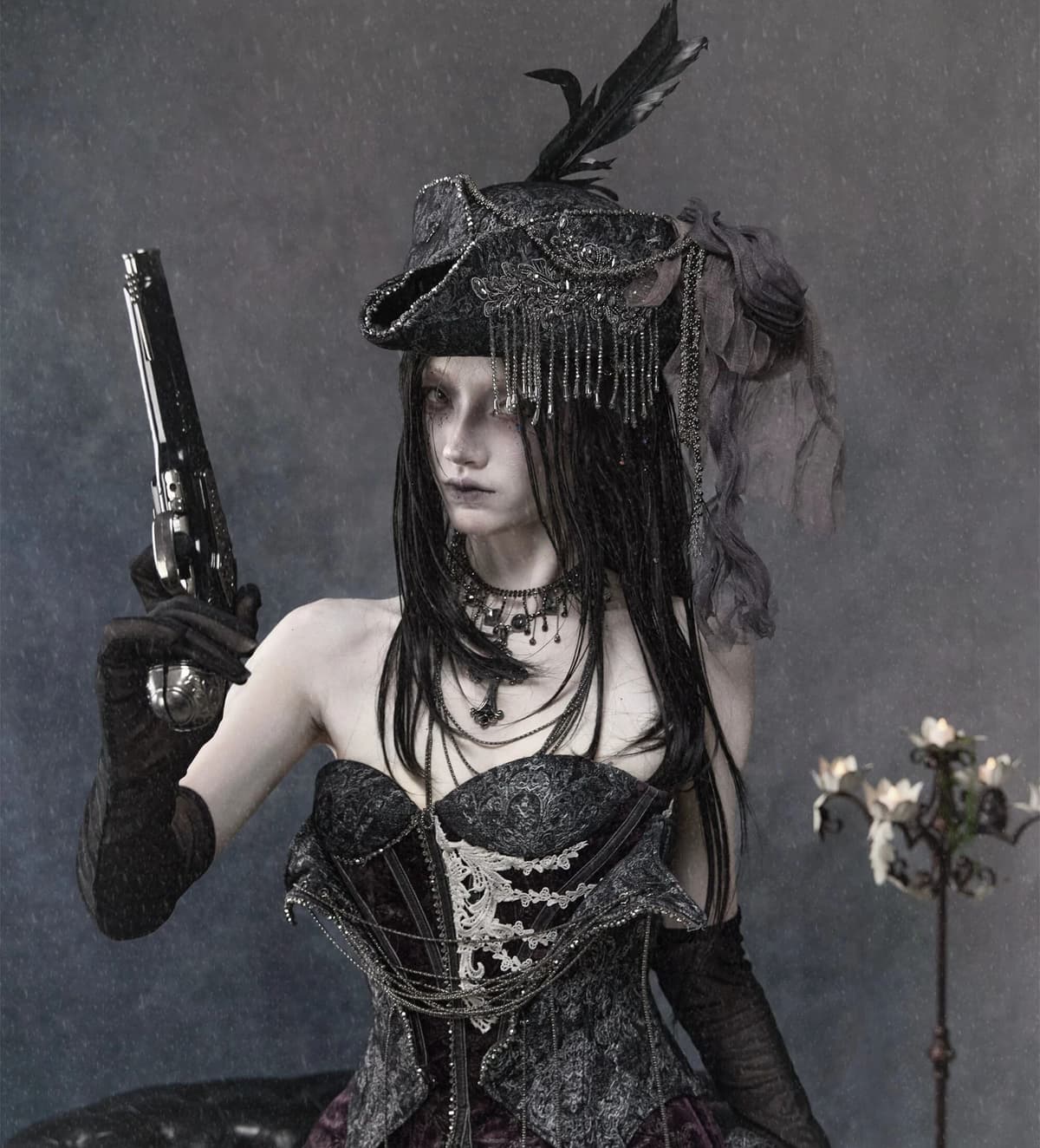 cakucool Blood Supply Original Design Gothic Funeral Party Fedoras Captain Halloween Headwear Diamonds Beading Tassels Caps