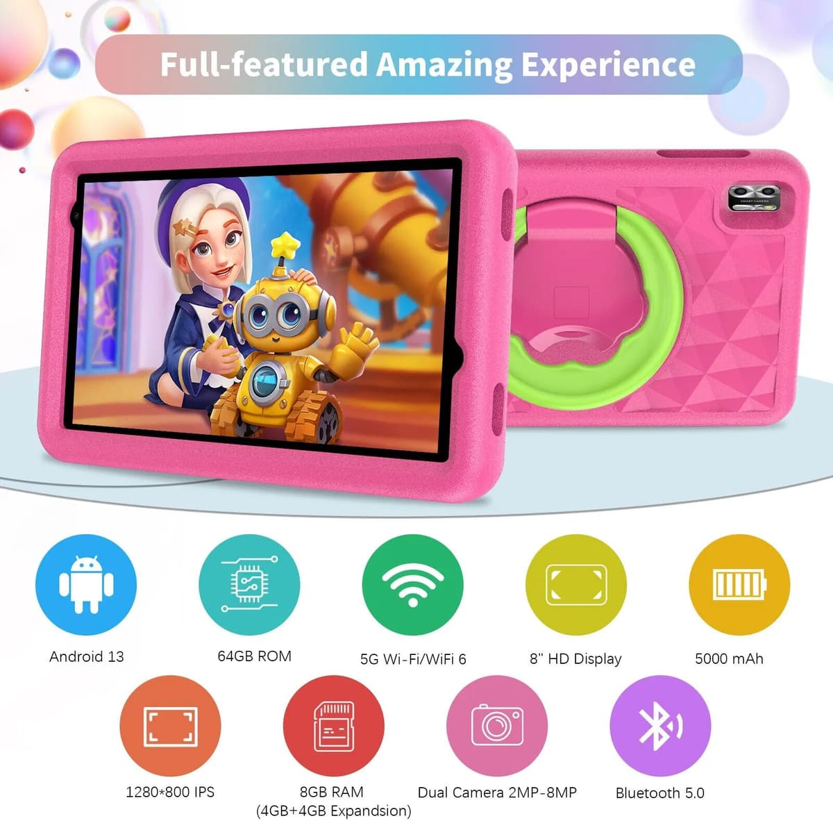 other VASOUN Kids Tablet 8 Inch, Android 13 Quad Core, 8GB(4+4expand)RAM+64GB ROM, 5000mAh, Dual Camera, WiFi, Parental Control