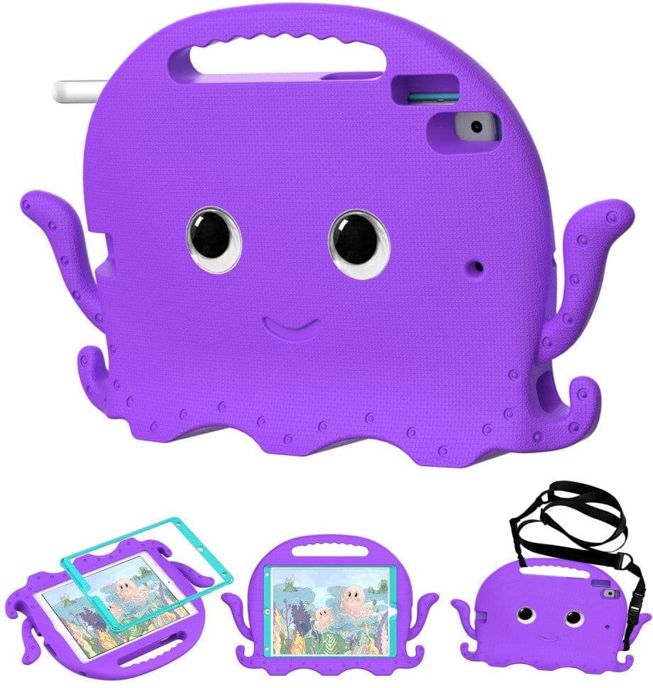 TABLETCOVERS.DK iPad 10.2" (2021 / 2020 / 2019) / iPad Pro 10.5 / iPad Air (2019) Børnecover m. Skulderstrop - Blæksprutte Tema - Lilla