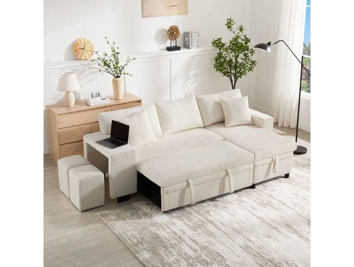 Canapé d'angle convertible en velours côtelé beige avec rangement et ports USB/Type‑C