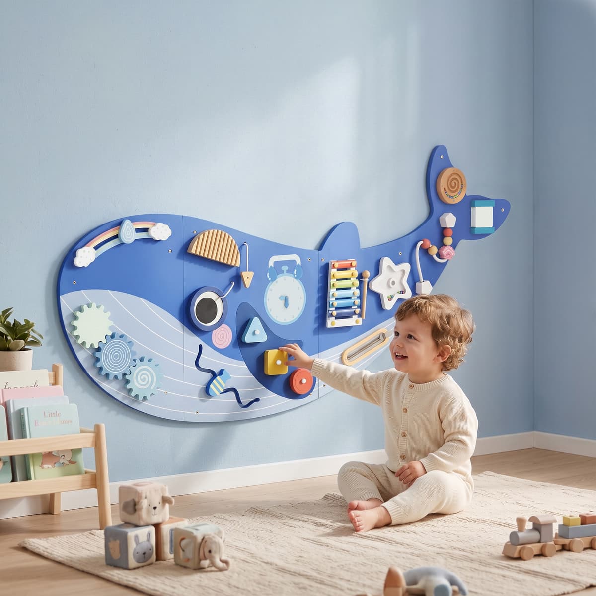 Aiyaplay Montessori Busy Board in Legno per Bambini da 2 Anni, da Parete, a Tema Balena, Blu   Aosom Italy