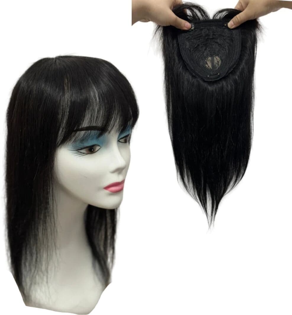 Satifresion 18-45cm Natural Black Human Hair Toppers For Women Clip In Hair Piece with Bangs Fringe Brazilian Hair Extensions for Hair Loss