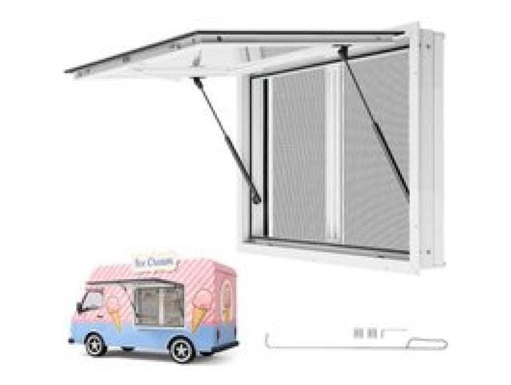 VEVOR Verkoopraam voor Foodtrucks 915 x 610 x 130 mm Verkoopraam voor foodtrucks en verkoopstands, opent tot 85°, met 2 horren, verkoopklep, trekhaak en regenhoes.