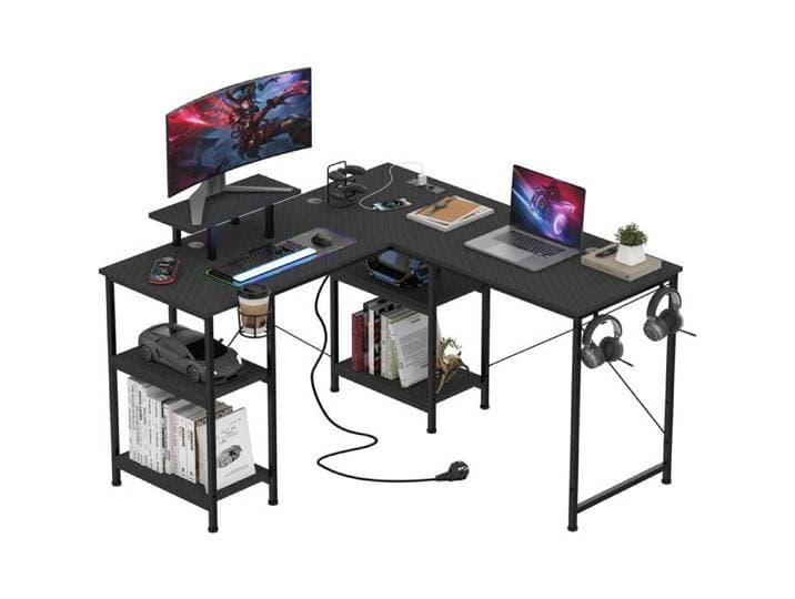 210x50cm Bureau d'angle Gaming avec Prises et Ports USB 3 Types d'installation Bureau Gaming en Forme L avec Support d'Écran