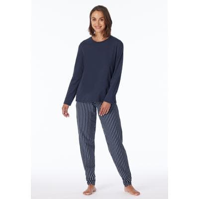 Schlafanzug UNCOVER BY SCHIESSER "Uncover Nightwear", Damen, Gr. 36, blau (835, blau), Single Jersey, Obermaterial: 100% Baumwolle, bequem lang, Rundhals, Homewear-Sets Schlafanzug, mit Rundhalsausschnitt, Langarm, Single Jersey-Qualität