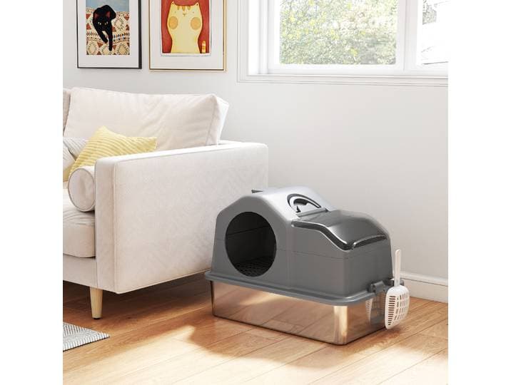 PawHut Maison de Toilette Chat Fermée 60,5x40,5x45cm Gris Foncé