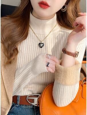 Modern Home Fixes Winter Women's Turtleneck Sweater, Thickened Inner Wear, Velvet Lining Thermal Knitting Bottoming Shirt oatmeal