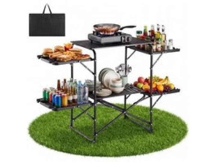 VEVOR Cuisine de Camping Pliable Table de Camping à 4 Tablettes Latérales, Pour Barbecue, Pique-nique et Voyage, Légère et Portable, Avec Plan de Travail Résistant à la Chaleur et Sac de Transport