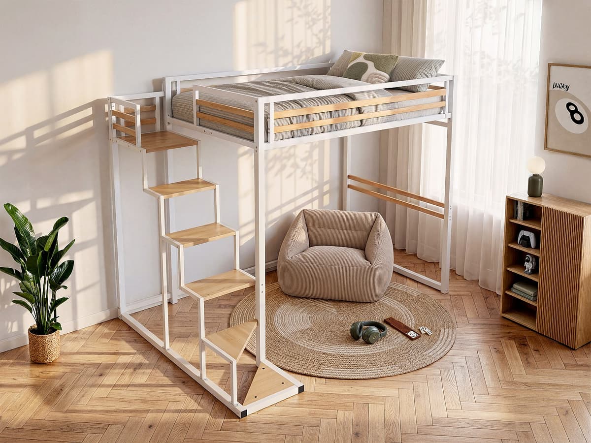 Vente-unique Hochbett - 140 x 200 cm - Metall & MDF - Weiß - JOGUI 3859899