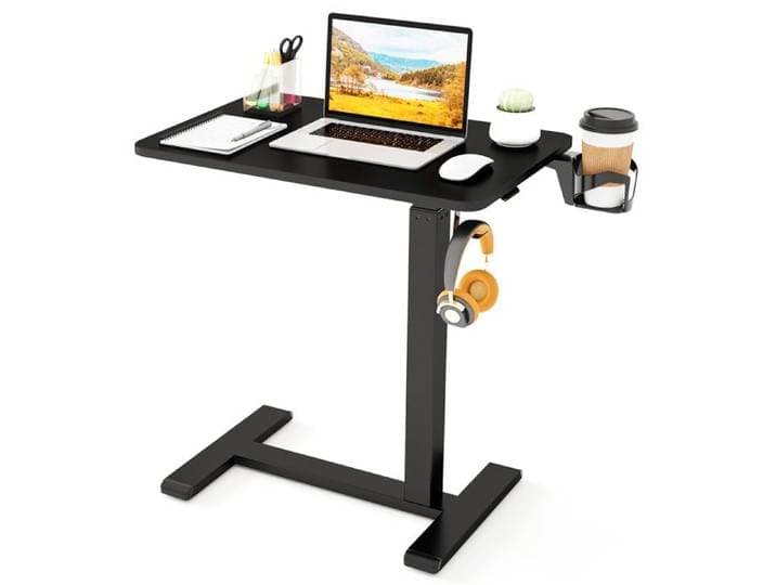 COSTWAY Bureau Mobile Debout 60 x 40 x 65 5-100 cm Réglable en Hauteur avec Support pour Tasse et Crochet pour Écouteurs Noir