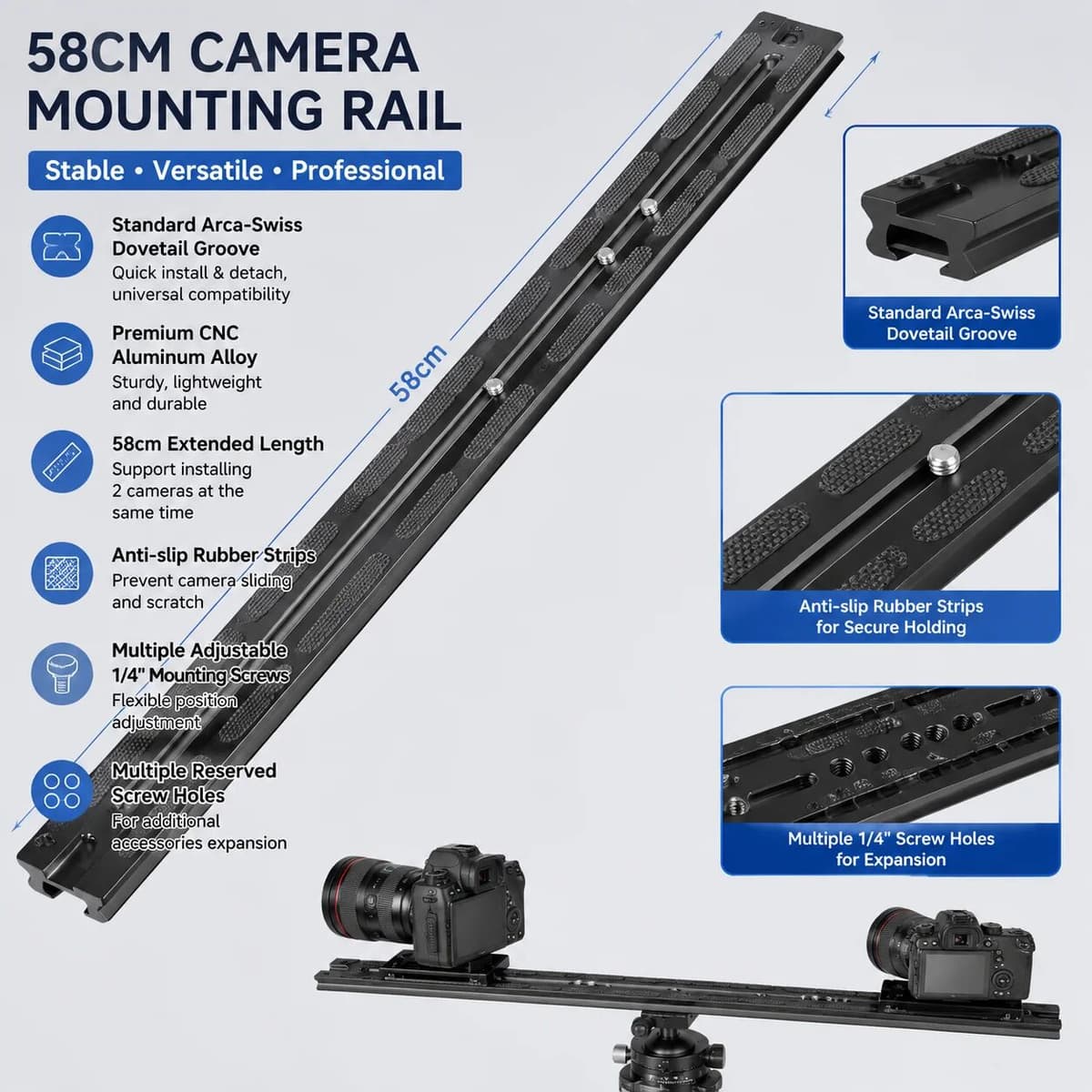BEXIN PU-580 580mm Camera Quick Release Plate Arca Swiss Rail Aluminum Long Bar for Dual Camera Shooting Tripod Ballhead Mount