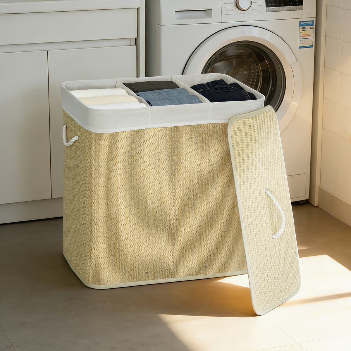Homcom Cesto Portabiancheria in Bambù con Coperchio, 144L, 3 Scomparti, Sacca Removibile e Lavabile, Maniglie, Crema   Aosom Italy