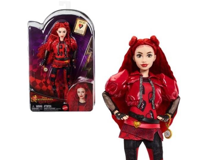 Mattel Disney Descendants: The Rise of Red Modepop en Accessoire - Red, dochter van de Hartenkoningin met op de film geïnspireerde outfit en zakhorloge, HWT93