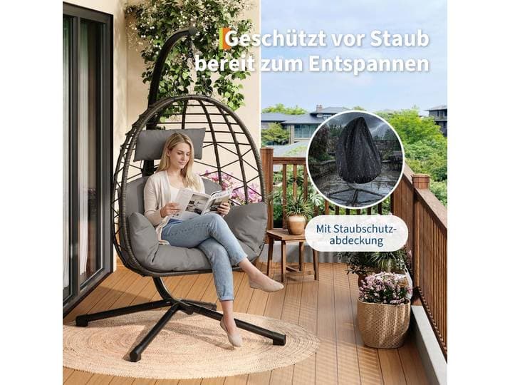 Fauteuil suspendu avec support, pour usage extérieur, capacité de charge jusqu'à 150 kg ; fauteuil suspendu en rotin avec structure métallique, idéal comme siège suspendu d'intérieur avec support pour