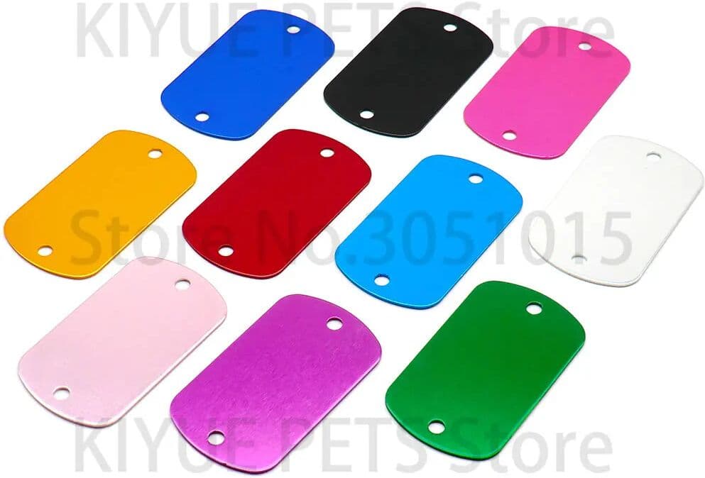 KIYUE Wholesale 100Pcs Dog Tag 2 Hole Punch NamePlate Key Military Card Motorcyle Laser Hanging Pet ID Tags Custom Name Personalized