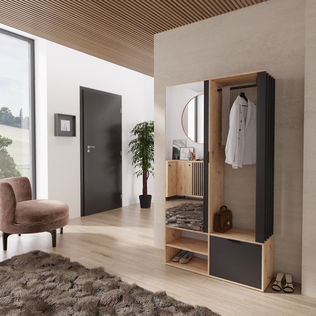 MINIO go for it Entrance wardrobe MELO 100 cm W Hall Tree with Shoe Storage Brown/Black 189.4cm H X 100cm W X 33cm D