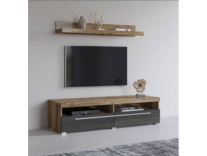 Lowboard GOODPRODUCT Roger,Breite 140 cm, stilvolle TV-Kommode, inclusive Wandboard , braun (satin nussbaumfarben, schwarzwood), B:140cm H:35cm, Sideboards, Lowboard, TV-Schrank mit viel Stauraum, TV-Board, 2 Klappen