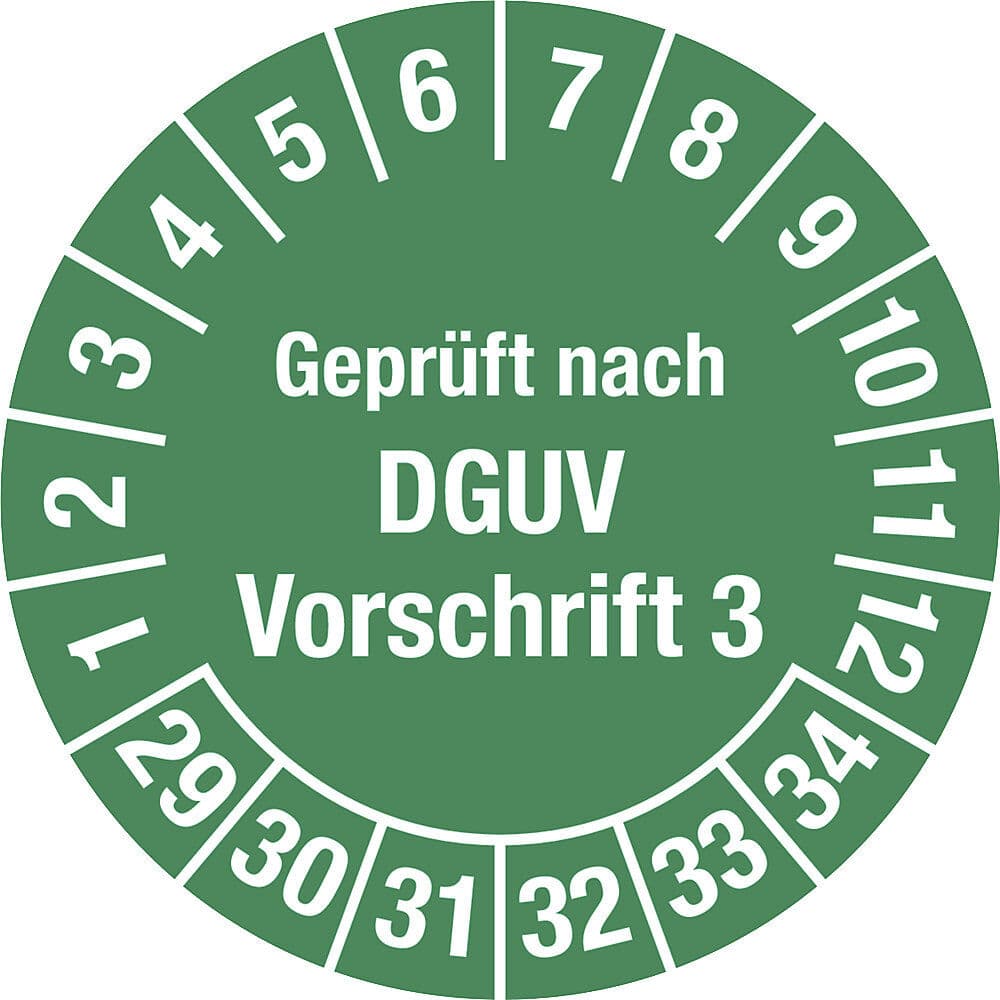 kaiserkraft Geprüft nach DGUV, Vorschrift 3, Dokumentenfolie, Ø 30 mm, VE 10 Stk, 29 - 34, grün