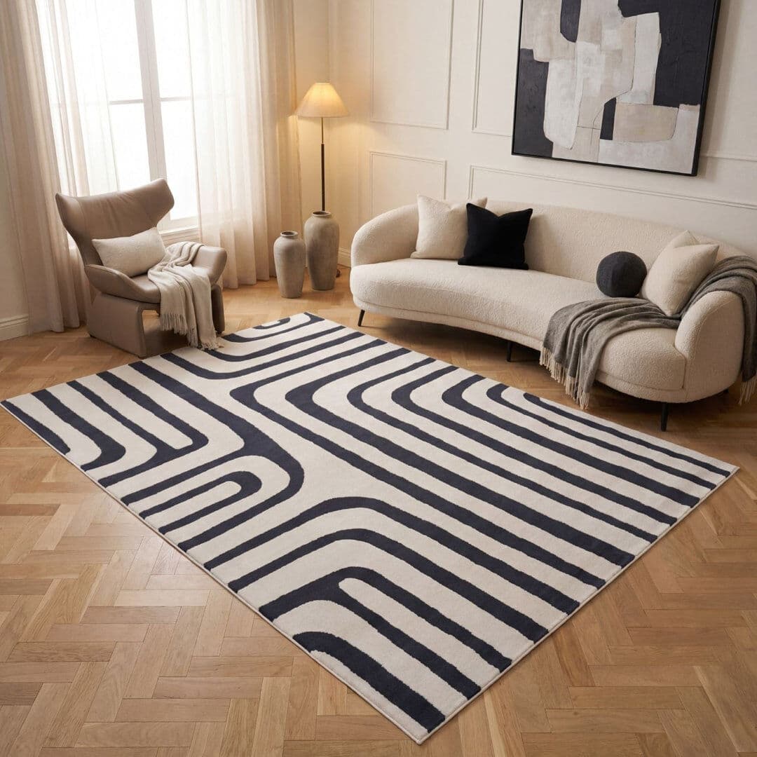 THE RUGS Loft Modern Curved Line Living Room Area Rug and Runner Soft Pile Navy/Ivory Rectangle 160 x 230 cm