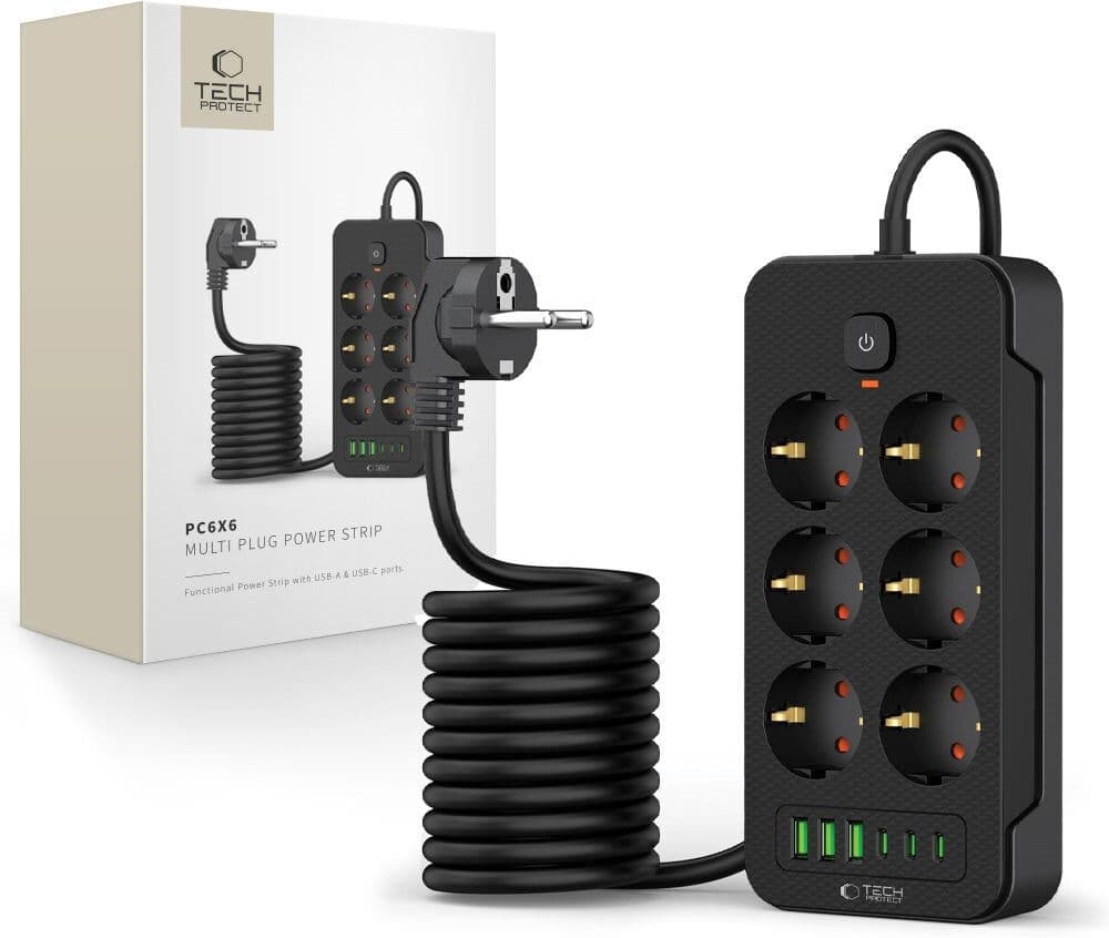 Tech-Protect Multifunksjonell Strømskinne med 6 x Uttak / 3 x USB-A / 3 x USB-C - 2m - Svart