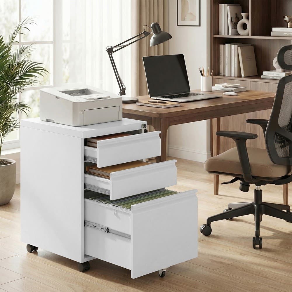 SONGMICS Archivador móvil con 3 cajones y ruedas de color blanco mate
