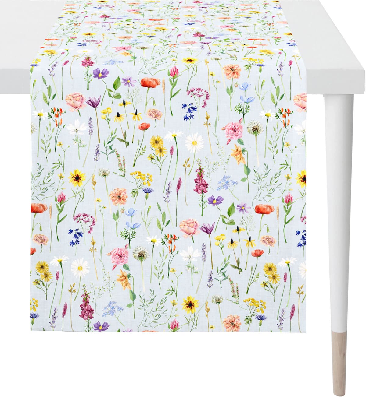 Tischläufer APELT "6815 SPRINGTIME, Frühjahrsdeko, Frühling", bunt (hellblau, bunt), B:48cm L:140cm, Baumwolle, Polyester, Tischdecken, Tischläufer, Digitaldruck, mit Frühjahrsblüten, wie auf einer Streublumenwiese hellblau, bunt B/L: 48cm x 140cm, 1 Stk.