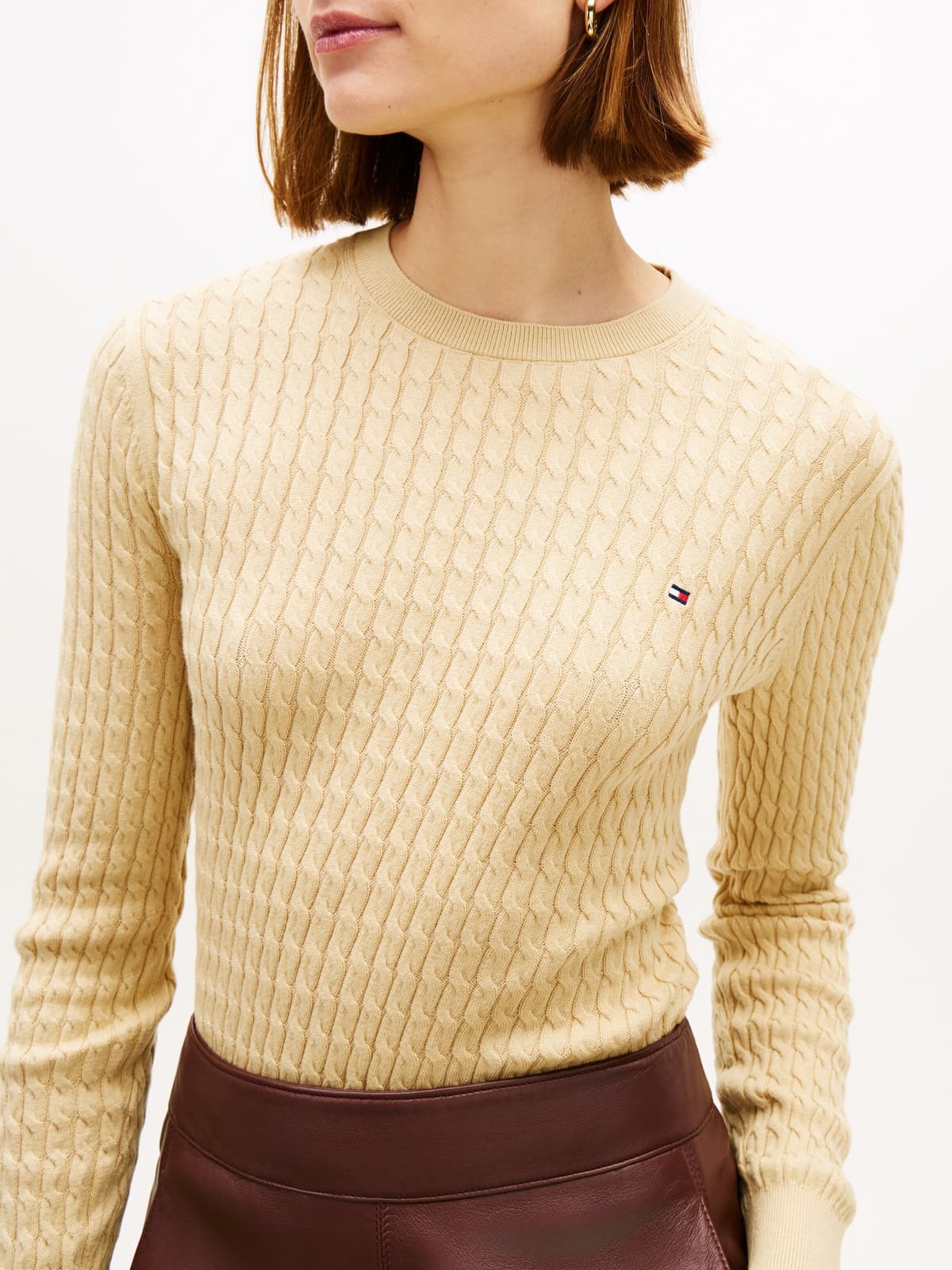 Rundhalspullover TOMMY HILFIGER "CO CABLE C-NK LS SWEATER", Damen, Gr. XL (46), beige (harvest wheat), Strick, Obermaterial: 100% Baumwolle, unifarben, regular fit normal, Rundhals, Rippstrickbündchen, Pullover Rundhalspullover, Baumwolle, mit Zopfmuster,