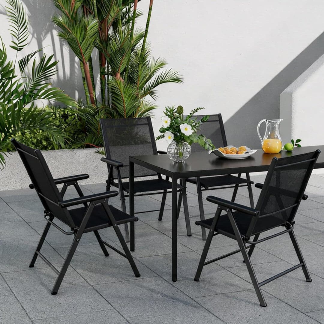 HaxvinUK Foldable Outdoor Garden Dining Chairs, 7-Level Adjustable Reclining Backrest with Armrests Black 106.43cm H X 65.53cm W X 54.1cm D