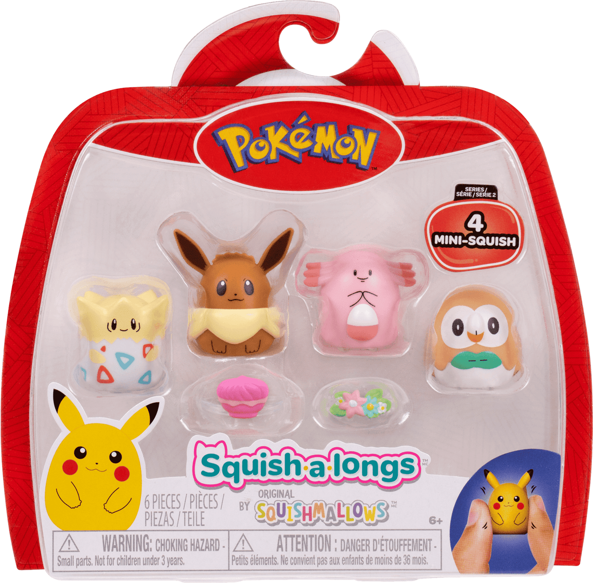 Jazwares Pokémon Squish-a-longs 4-Pack – Eevee, Chansey, Togepi ; Rowlet - Officially Licensed Pokémon Collectible Set for Kids