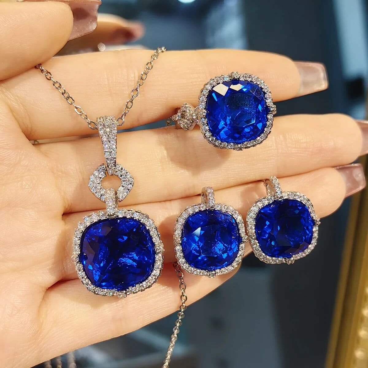 Foydjew Luxury 15 Carat Royal Blue Sapphire Pendant Necklaces Drop Earrings Rings Banquet Party Jewelry Sets For Women