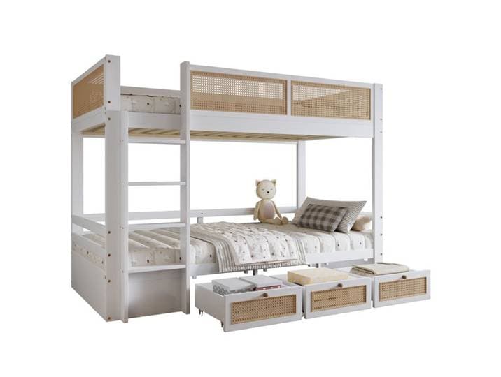 Lit superpose enfant 90 x 200 cm - 3 tiroirs sur roulettes echelle 4 marches blanc et naturel
