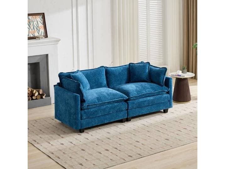 Canapé modulable - ZEVKOR - Canapé modulable droit 2 places - Tissu chenille - Bleu - Coussins de dossier