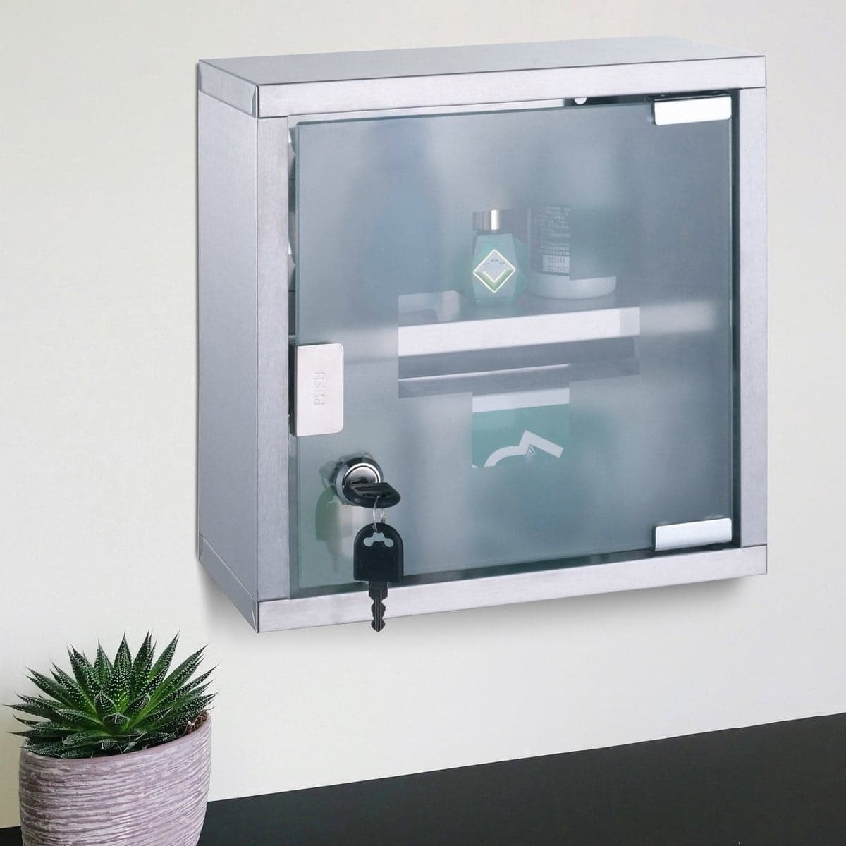 MSV Medicijnkast met Slot - Afsluitbare EHBO-kast voor Wandmontage - RVS - Grijs - B: 25 cm, D: 12 cm, H: 25 cm