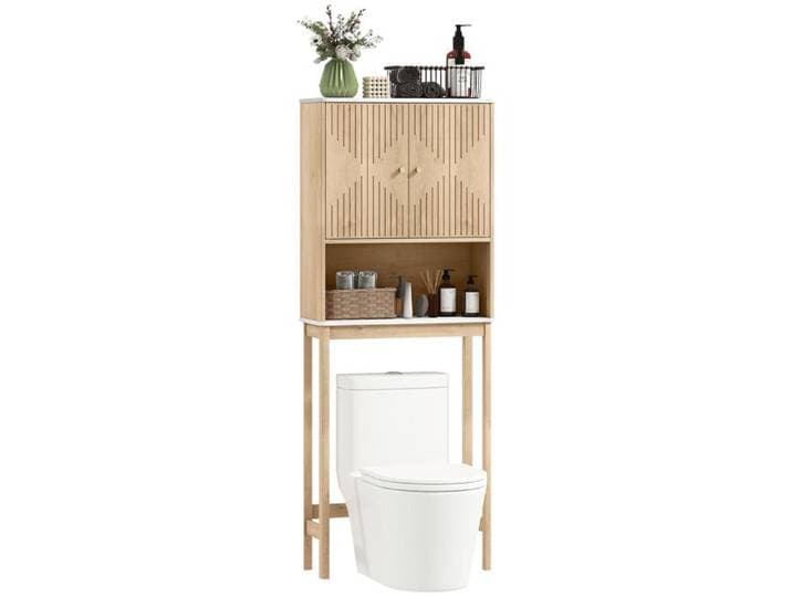 Meuble bas de salle de bain 2 portes rangement compact pour le linge et les produits 66 x 25 x 168 cm chêne