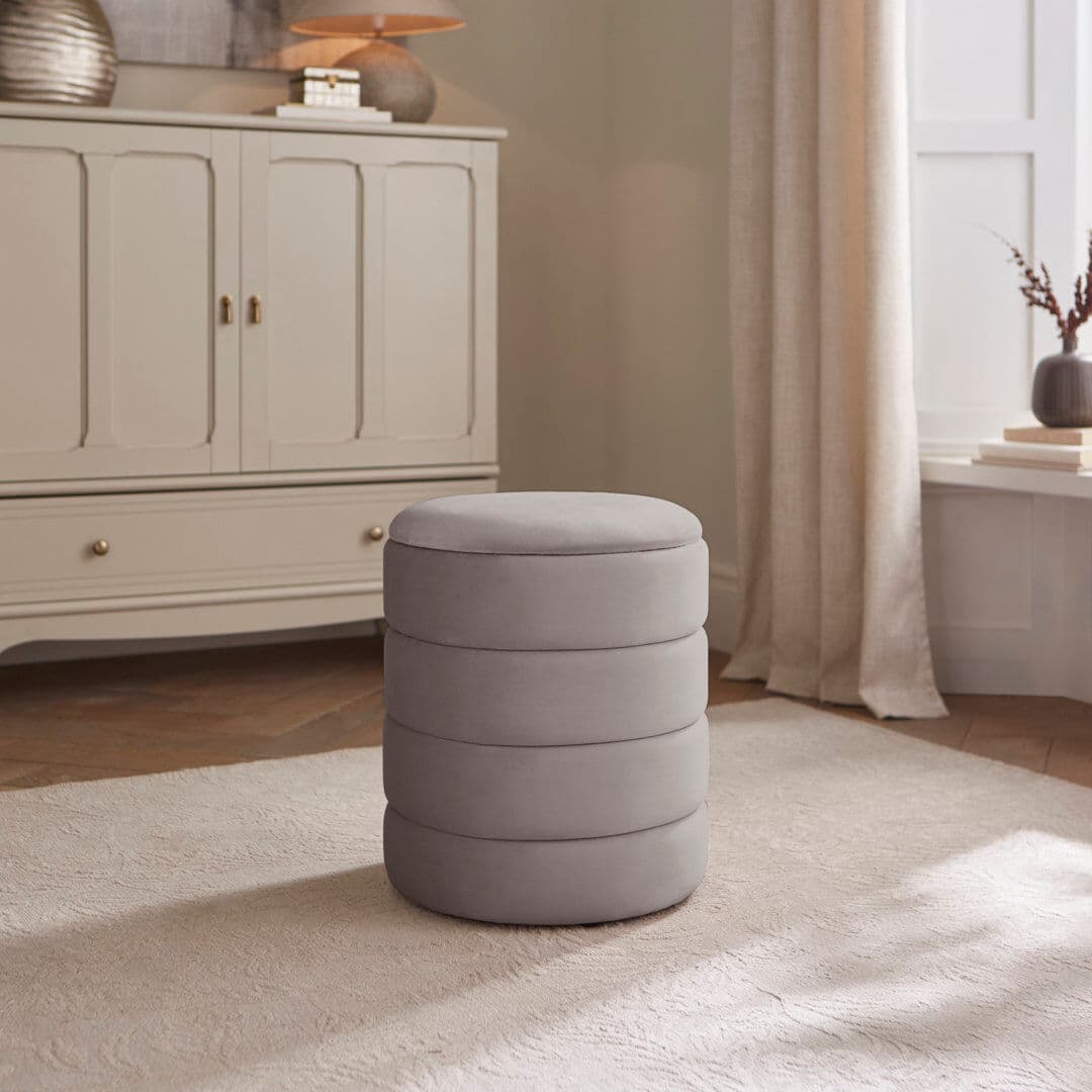 17 Stories 36 cm W Velvet Round Pouffe with Storage Grey 43.5cm H X 36cm W X 36cm D