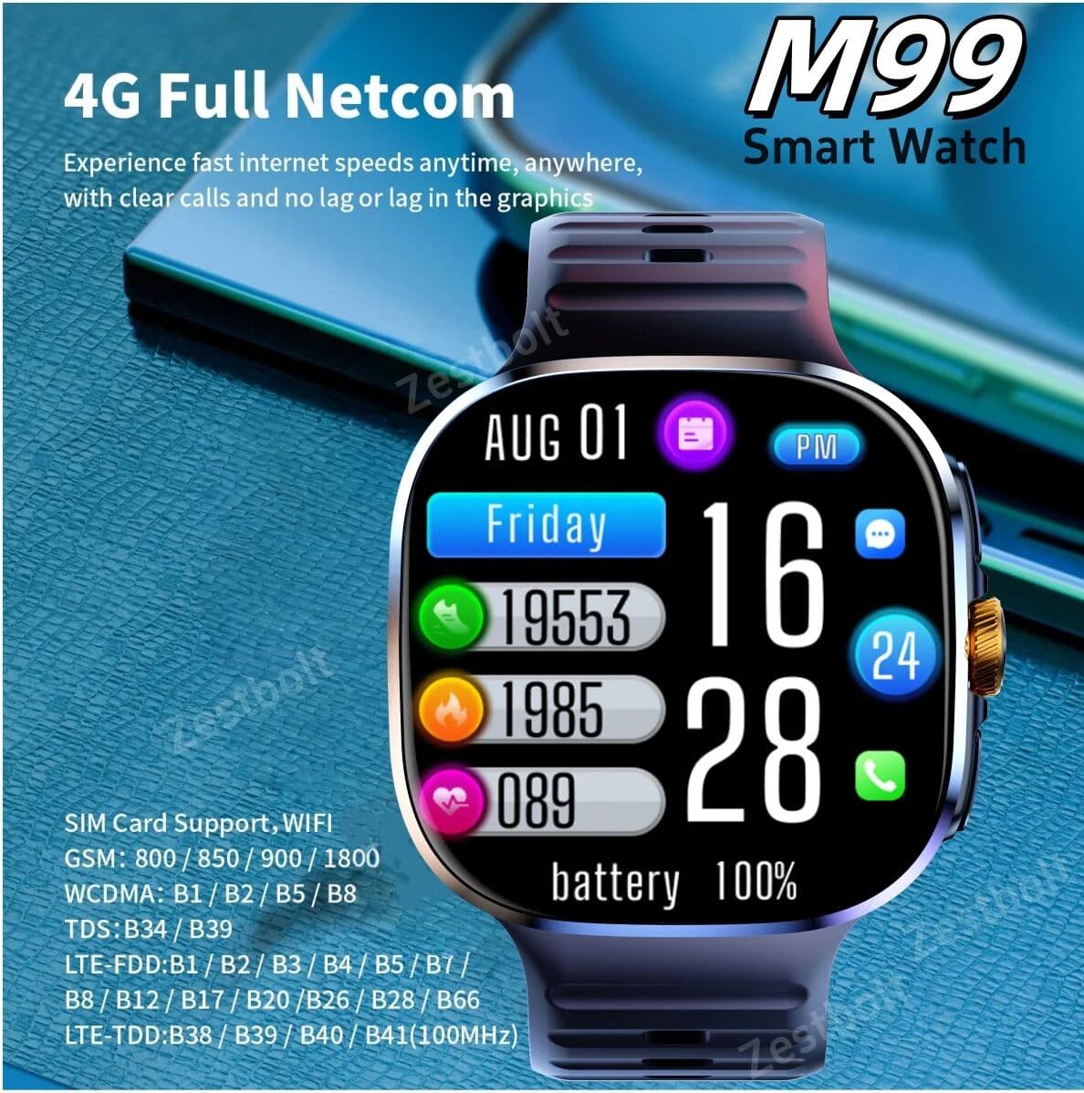 Zestbolt Original M99 Smartwatch 2.4 inch Amoled Screen insert 4G/5G Sim Card GPS WIFI 190° Rotating Camera Game Android 10.0 Smart Watch