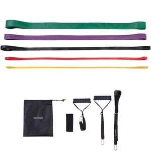 Böttcher-AG Fitnessband Set mit Griffen, 1 m x 0,5 - 4,5 cm, 5 Widerstände & Farben, Loop aus Gummi, Klimmzughilfe, 5 Stück
