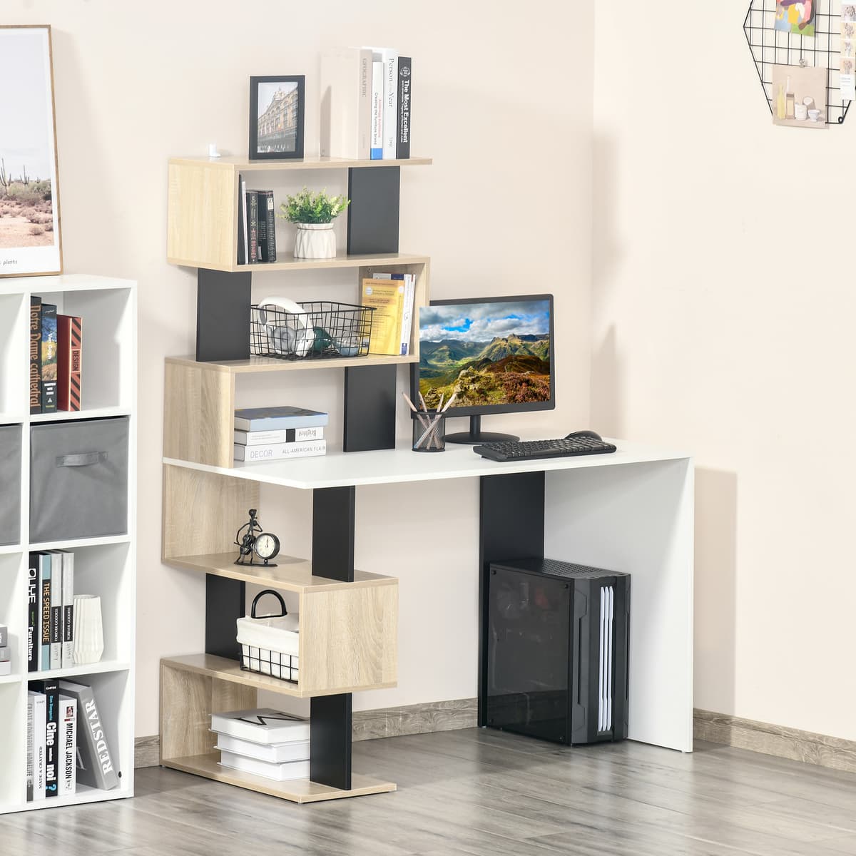 Homcom Scrivania con Libreria per Camera, Scrivania Porta PC in Legno Multicolore, 120x60x148cm Aosom