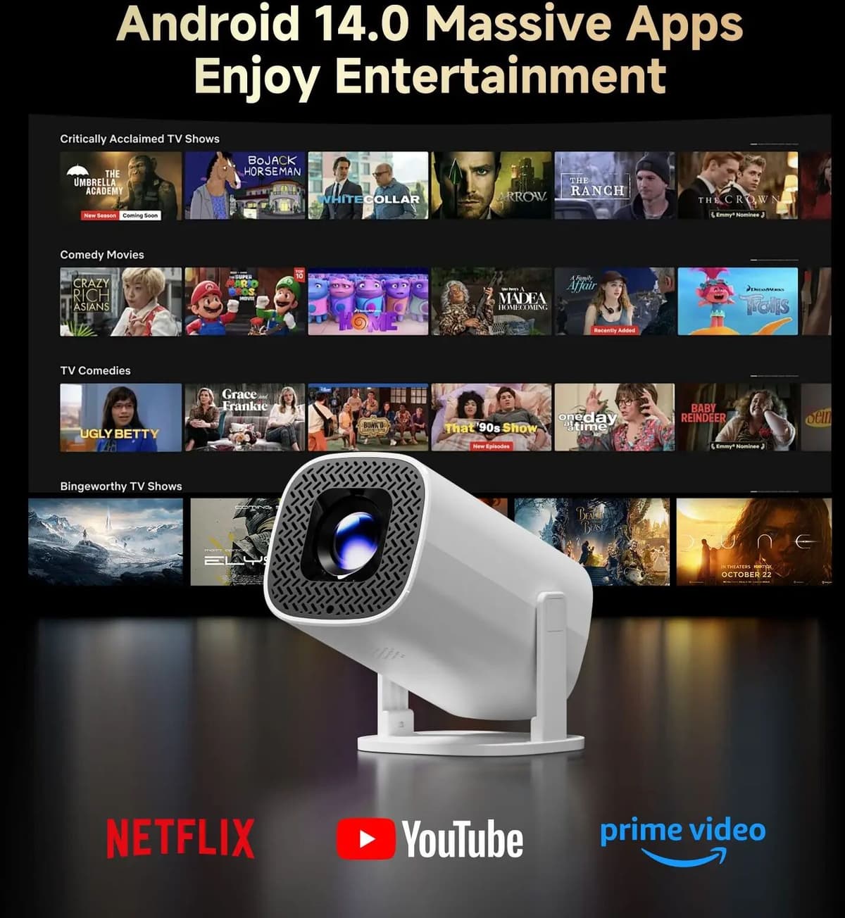 HONGTOP Smart Projector 4K Android 14 WiFi6 Supports 1080p*720p Screen Mirroring Smart Home Theater Outdoor Portable Projector