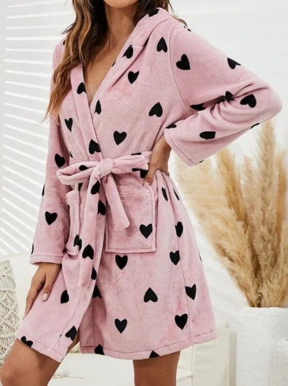 NONE Women Heart Print Hooded Bathrobe Flannel Wrap Robe Long Sleeve Tie Waist Pockets Soft Loungewear Home Nightgown Pajamas