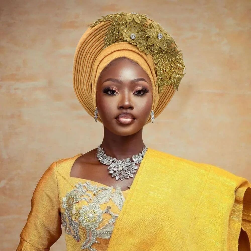 JJYANJIN Elegant African Autogele Women's Turban Cap Nigeria Wedding Gele Ready to Wear Headtie with Embroidery Lace Party Headwear