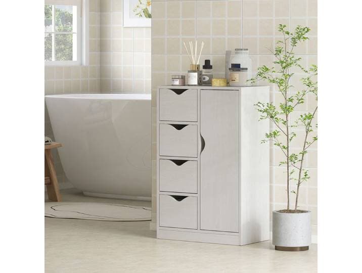 Meuble de salle de bain en bois 54 x 29 x 83 cm blanc 4 tiroirs placard 2 niveaux et poignées découpées